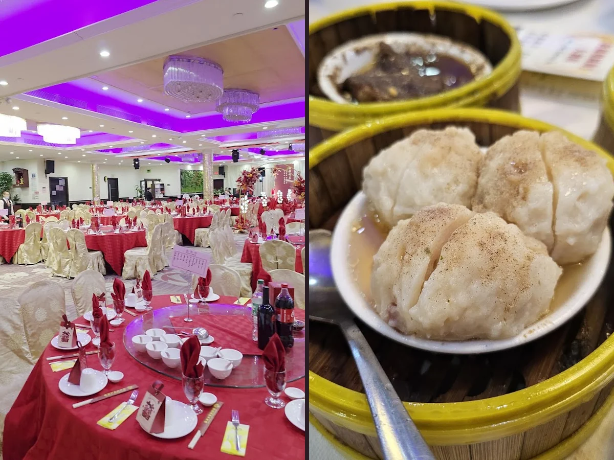 Crowded tables beside rolling dim sum carts.